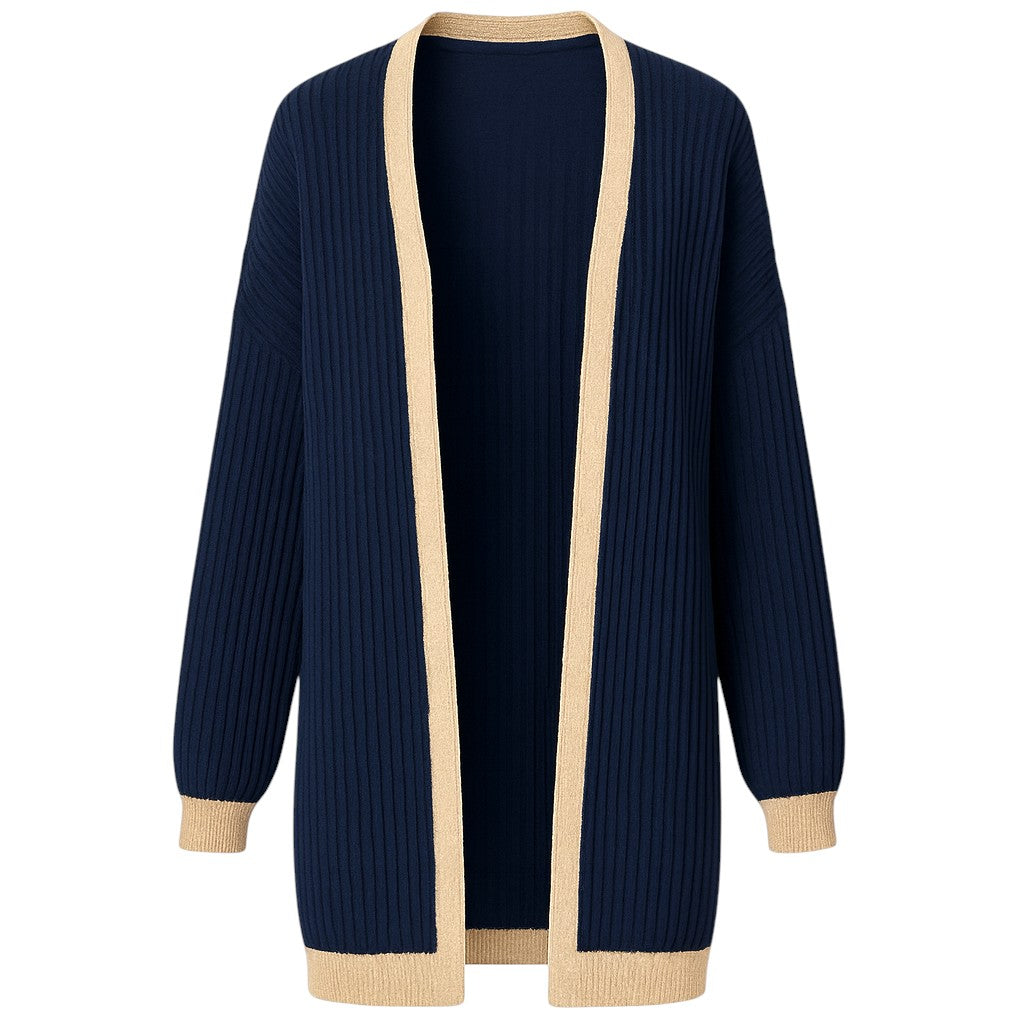 Ladies Italian edge to edge knitted cardigan in navy with gold trim, soft ribbed knit open front cardigan for women, stylish lightweight layering knitwear.